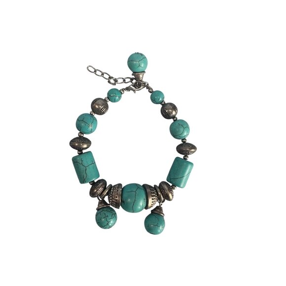 Faux Turquoise & Antique Silver Charm Beaded Bracelet W/Adjustable Chain Clasp - Picture 1 of 5